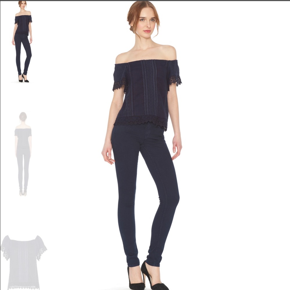 Alice + Olivia Navy Off-Shoulder Lace Trim Top